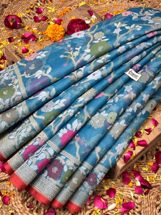 Teal Blue Banarasi Kora Jamdani Silk Handwoven Saree
