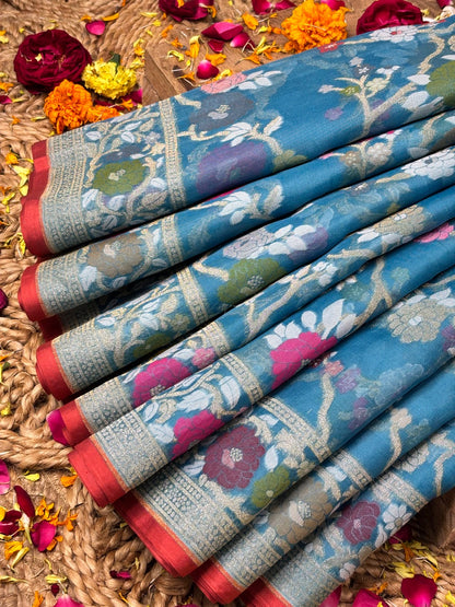 Teal Blue Banarasi Kora Jamdani Silk Handwoven Saree