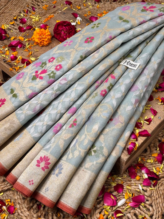 Powder Blue Banarasi Kora Jamdani Silk Handwoven Saree