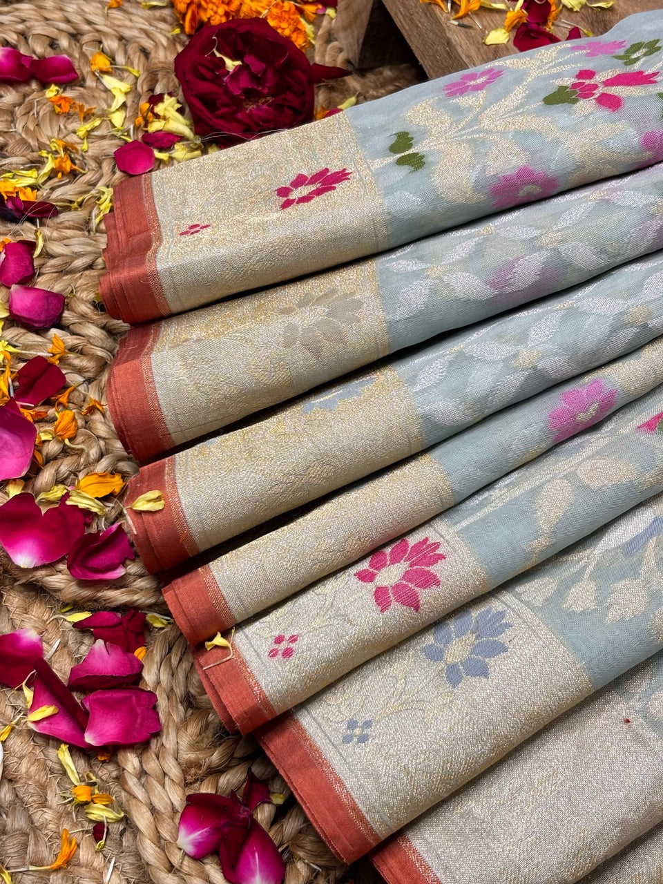 Powder Blue Banarasi Kora Jamdani Silk Handwoven Saree