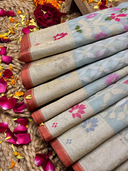 Powder Blue Banarasi Kora Jamdani Silk Handwoven Saree