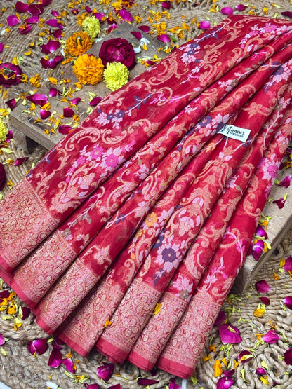 Red Banarasi Kora Jamdani Silk Handwoven Saree