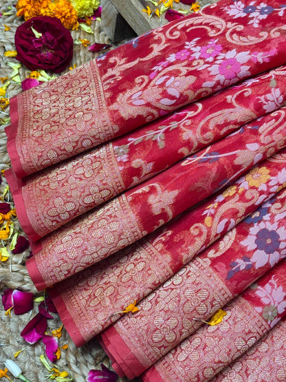 Red Banarasi Kora Jamdani Silk Handwoven Saree