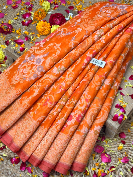 Orange Banarasi Kora Jamdani Silk Handwoven Saree