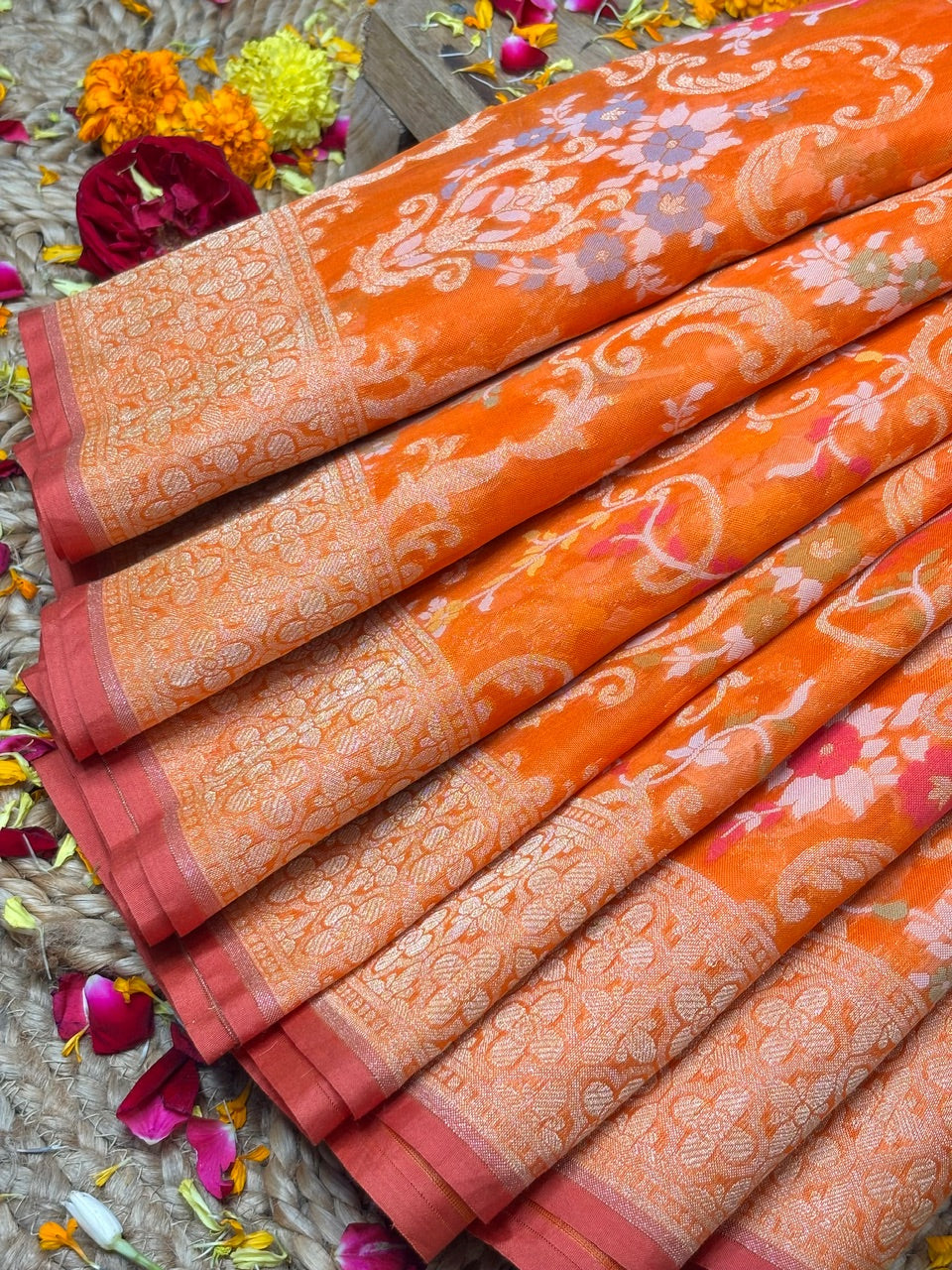 Orange Banarasi Kora Jamdani Silk Handwoven Saree