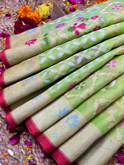 Pista Green Banarasi Kora Jamdani Silk Handwoven Saree