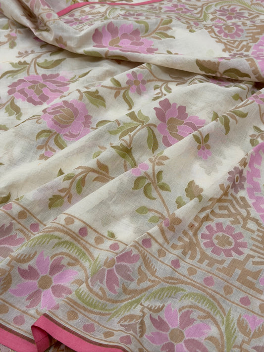 Ivory Pure Muslin Cotton Jamdani Silk Saree