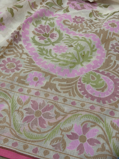 Ivory Pure Muslin Cotton Jamdani Silk Saree