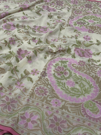 Ivory Pure Muslin Cotton Jamdani Silk Saree