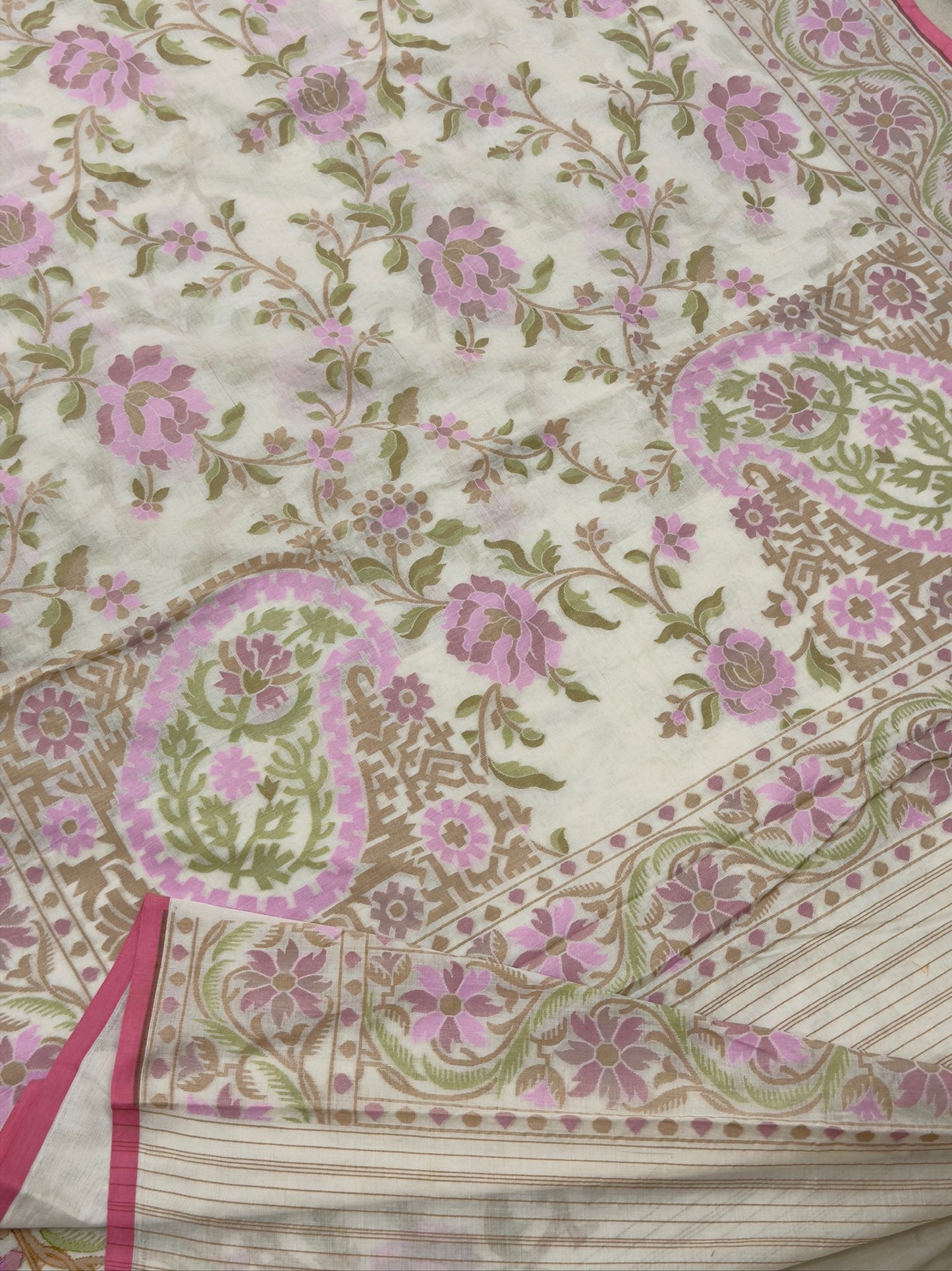 Ivory Pure Muslin Cotton Jamdani Silk Saree