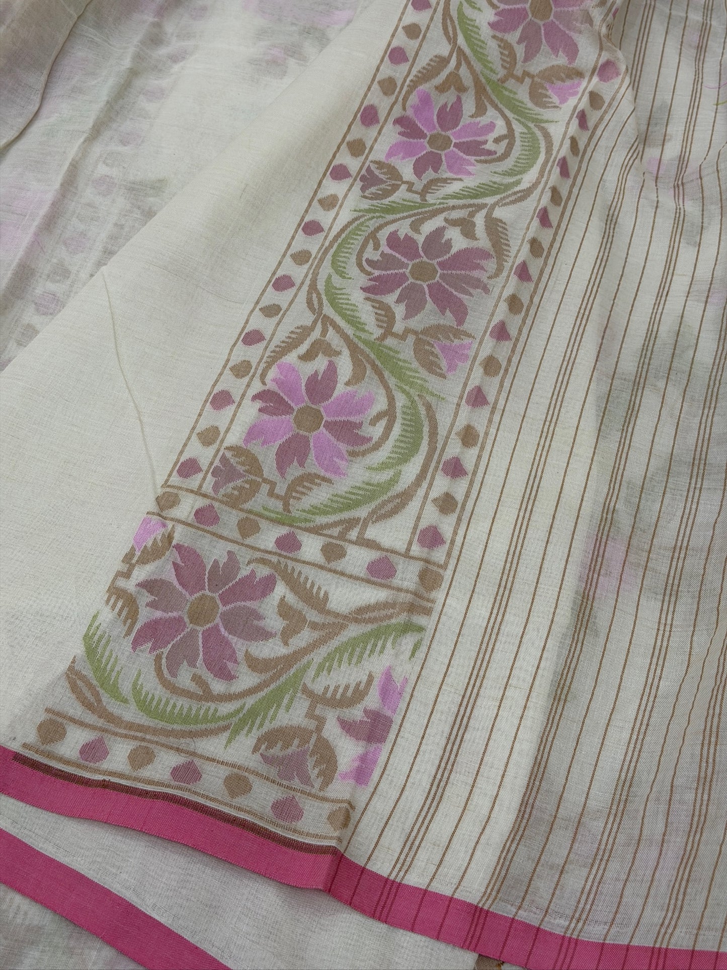 Ivory Pure Muslin Cotton Jamdani Silk Saree