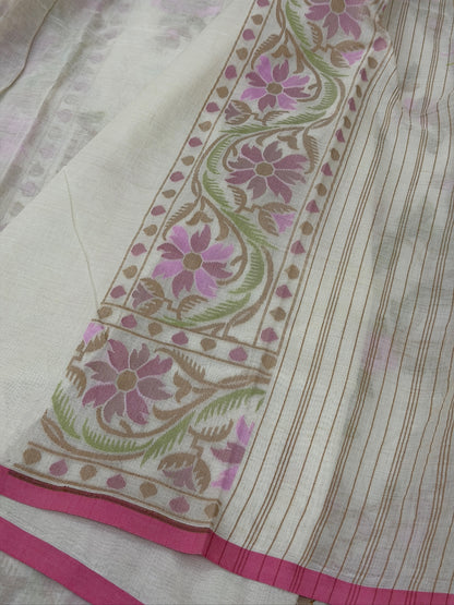 Ivory Pure Muslin Cotton Jamdani Silk Saree