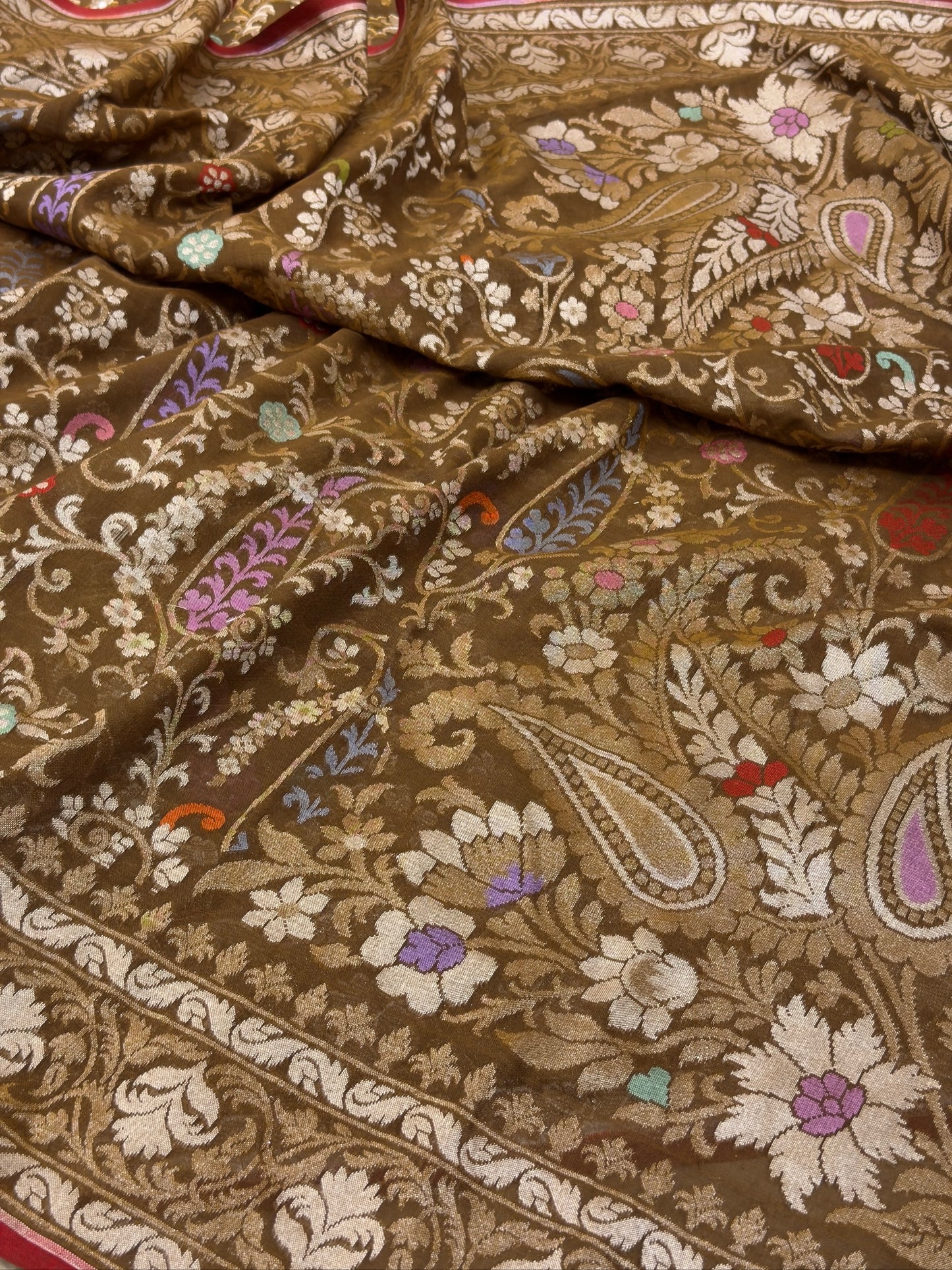 Brown Pure Muslin Cotton Jamdani Silk Saree