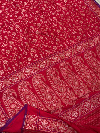 Red Pure Banarasi Ektara Jamdani Silk Handwoven Saree