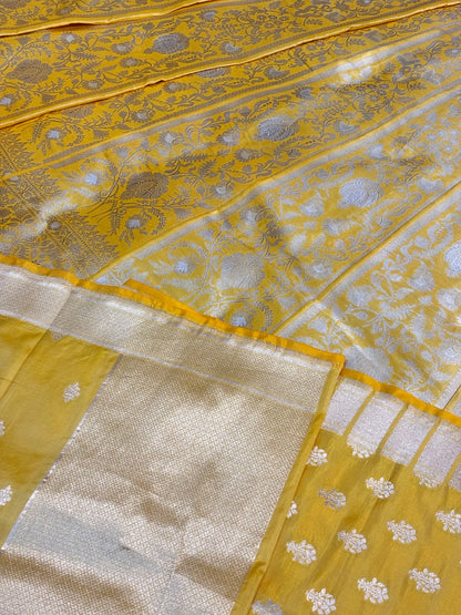 Sunshine Yellow Banarasi Katan Silk Lehenga with Silver Zari Weaving | Bridal & Festive Ethnic Wear