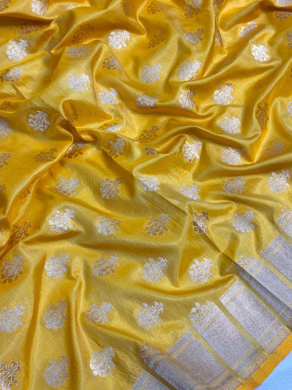 Sunshine Yellow Banarasi Katan Silk Lehenga with Silver Zari Weaving | Bridal & Festive Ethnic Wear