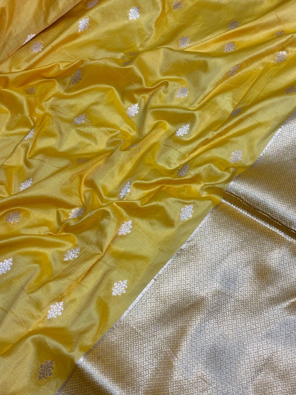 Sunshine Yellow Banarasi Katan Silk Lehenga with Silver Zari Weaving | Bridal & Festive Ethnic Wear
