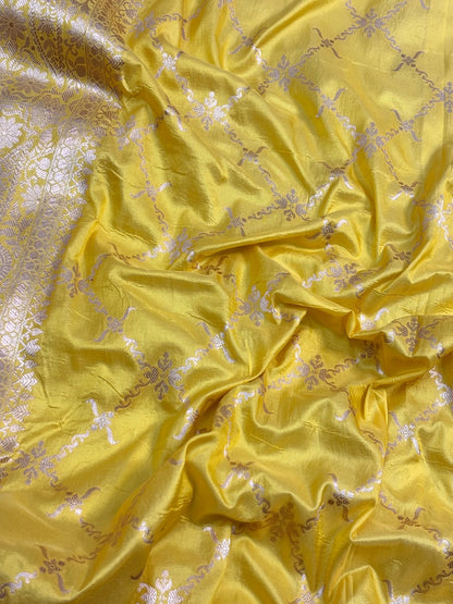 Yellow Banarasi Katan Silk Lehenga with Silver Zari Weaving | Bridal & Festive Ethnic Wear