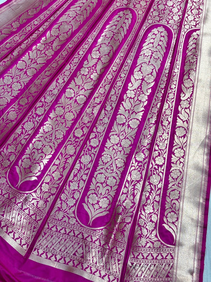 Pink Banarasi Katan Silk Lehenga with Silver Zari Weaving | Bridal & Festive Ethnic Wear