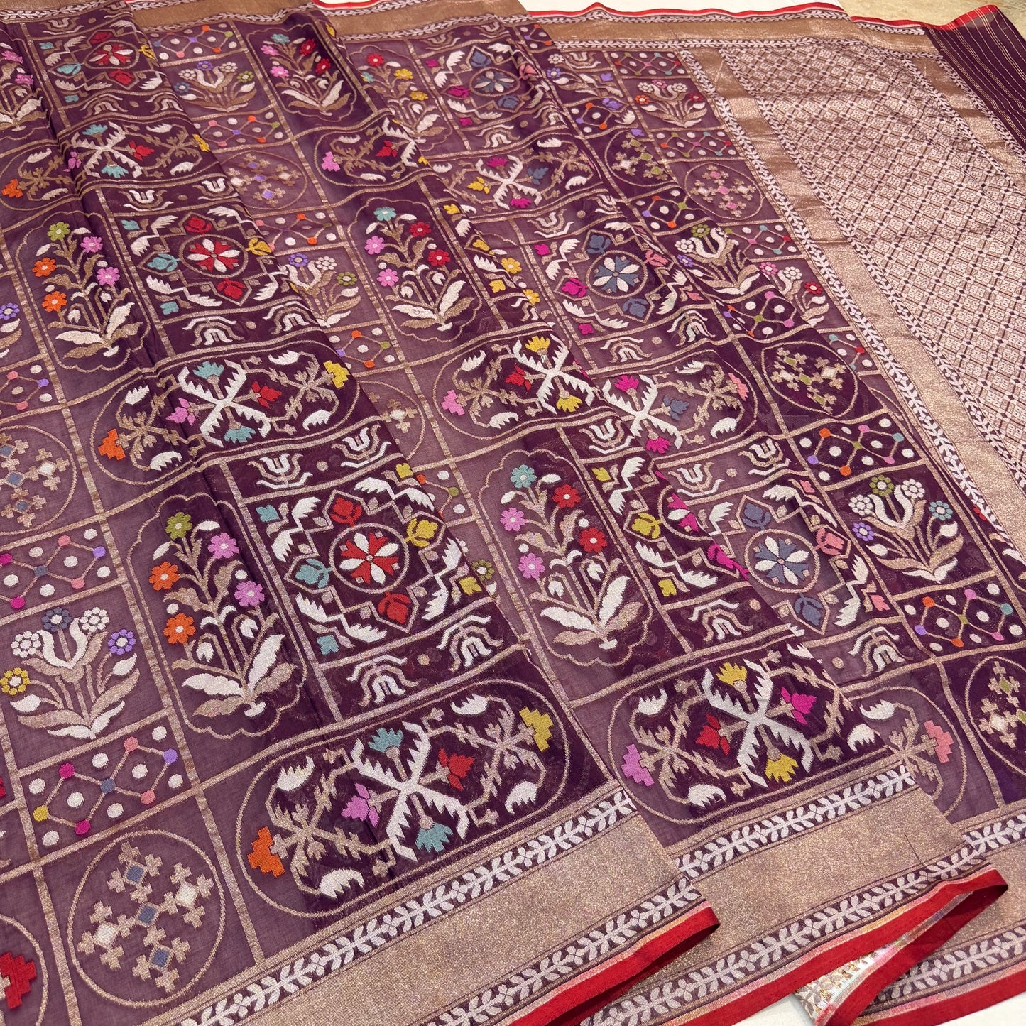 Pure Cotton Ektara Tilfi Jamdani Cutwork Jaal Banarasi Saree