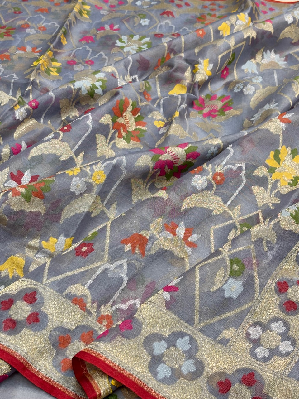 Ash Grey Banarasi Kora Jamdani Silk Handwoven Saree