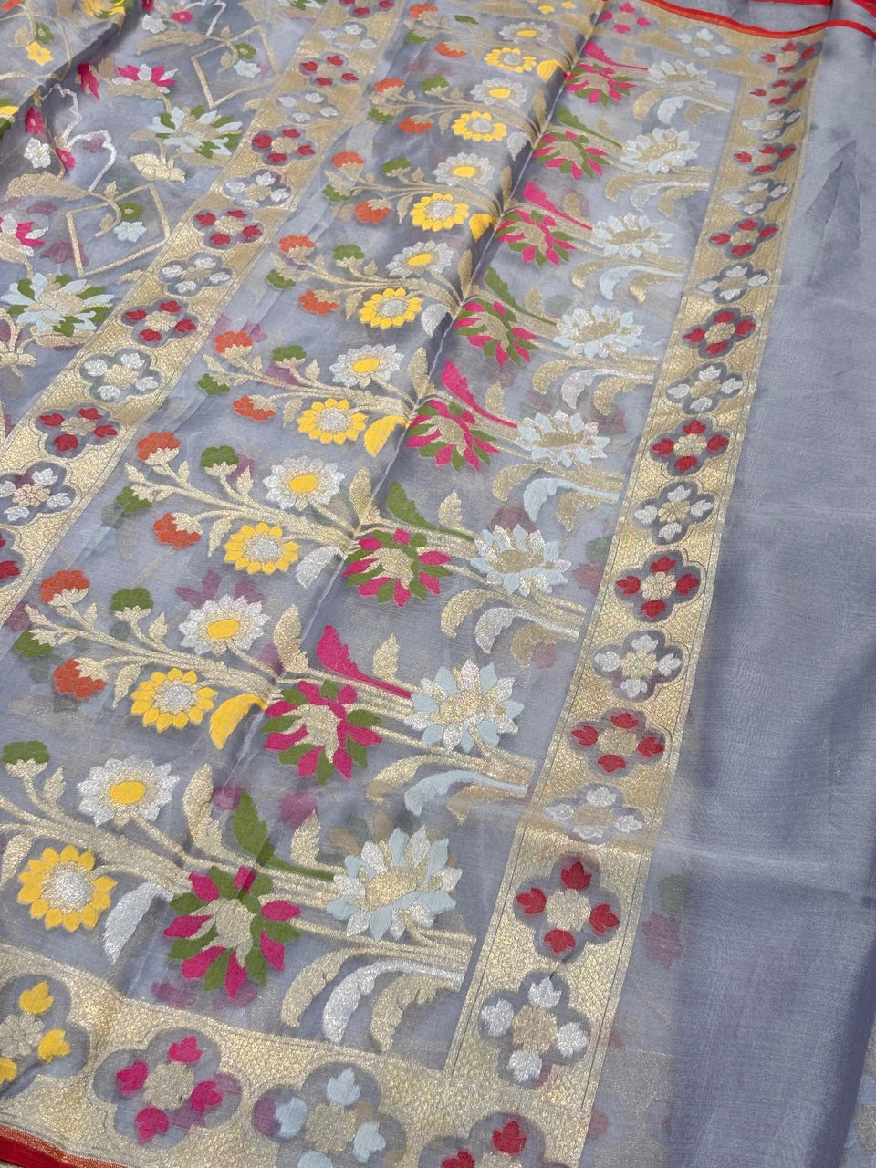 Ash Grey Banarasi Kora Jamdani Silk Handwoven Saree