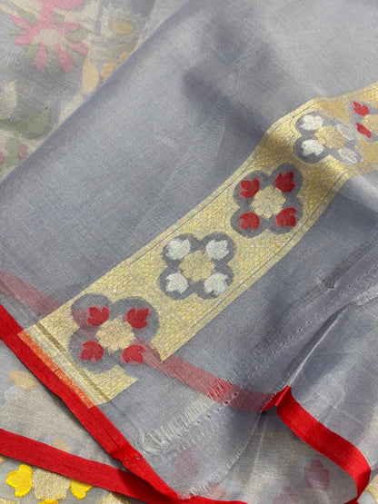 Ash Grey Banarasi Kora Jamdani Silk Handwoven Saree