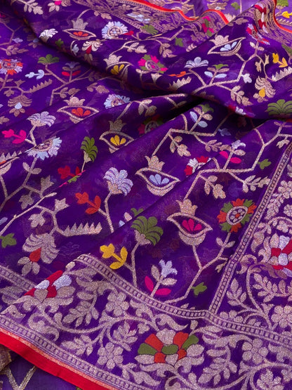 Purple Banarasi Kora Jamdani Silk Handwoven Saree