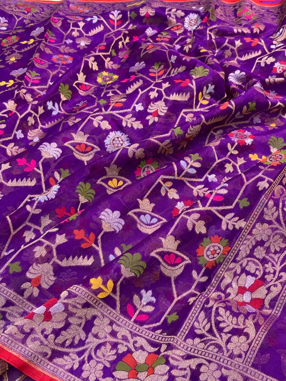 Purple Banarasi Kora Jamdani Silk Handwoven Saree
