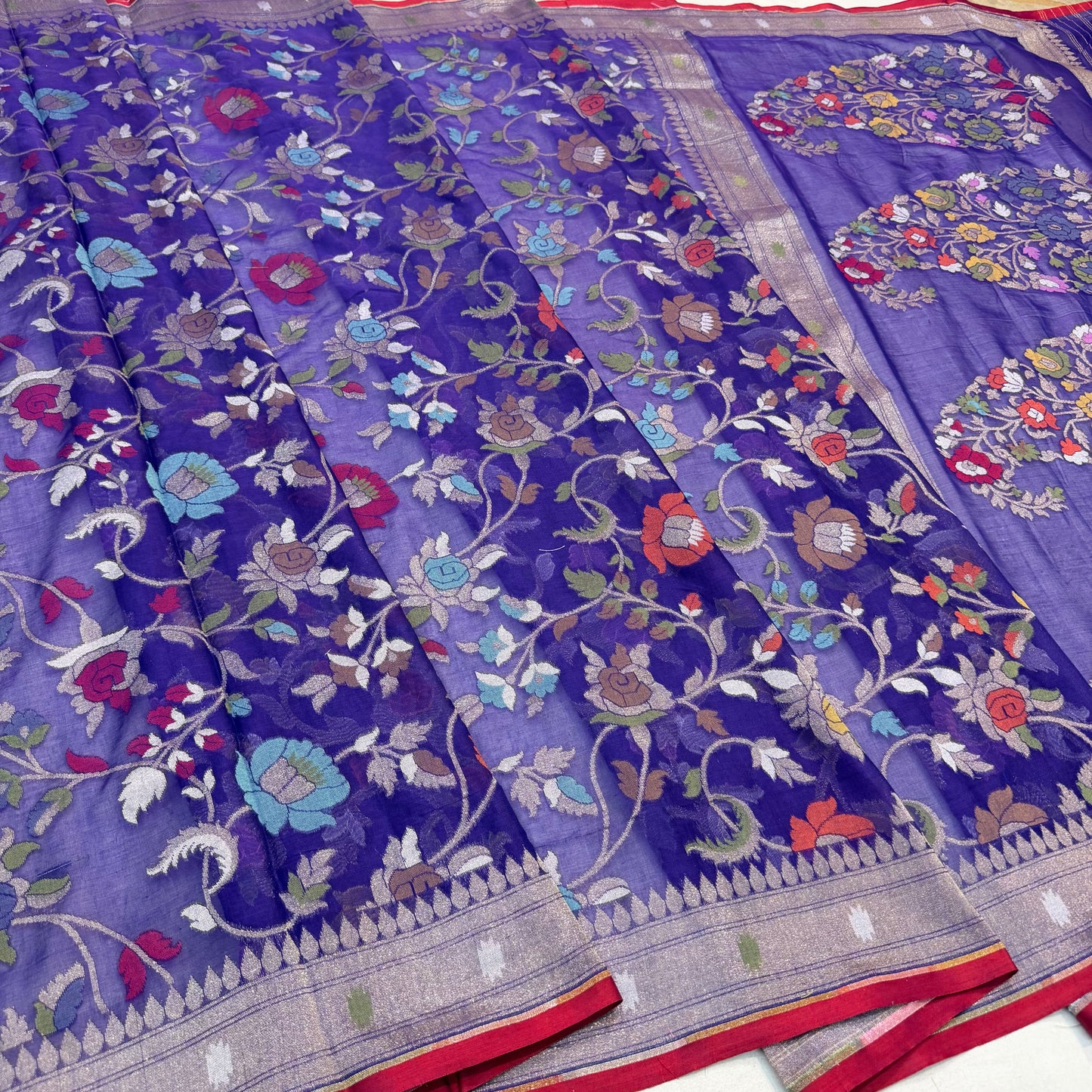 Pure Cotton Ektara Tilfi Jamdani Cutwork Jaal Banarasi Saree