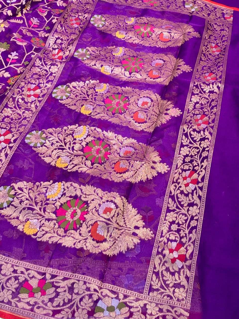 Purple Banarasi Kora Jamdani Silk Handwoven Saree