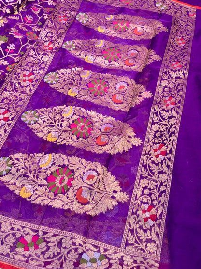 Purple Banarasi Kora Jamdani Silk Handwoven Saree