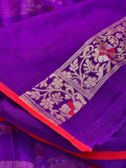 Purple Banarasi Kora Jamdani Silk Handwoven Saree