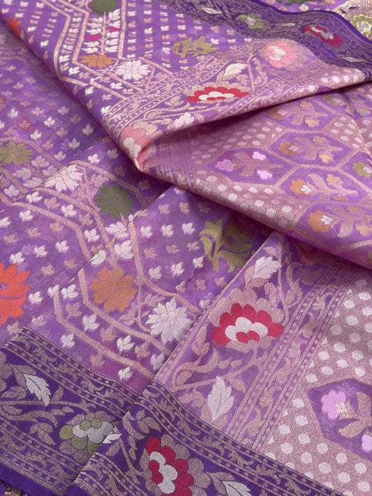 Lavender Banarasi Kora Jamdani Silk Handwoven Saree With Contrast Border