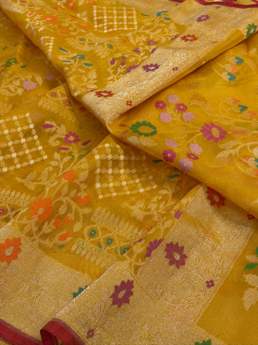 Mango Yellow Banarasi Kora Jamdani Silk Handwoven Saree