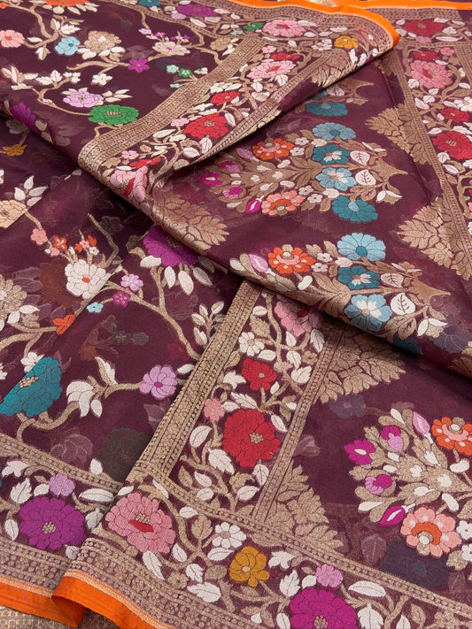 Wine Banarasi Kora Jamdani Silk Handwoven Saree