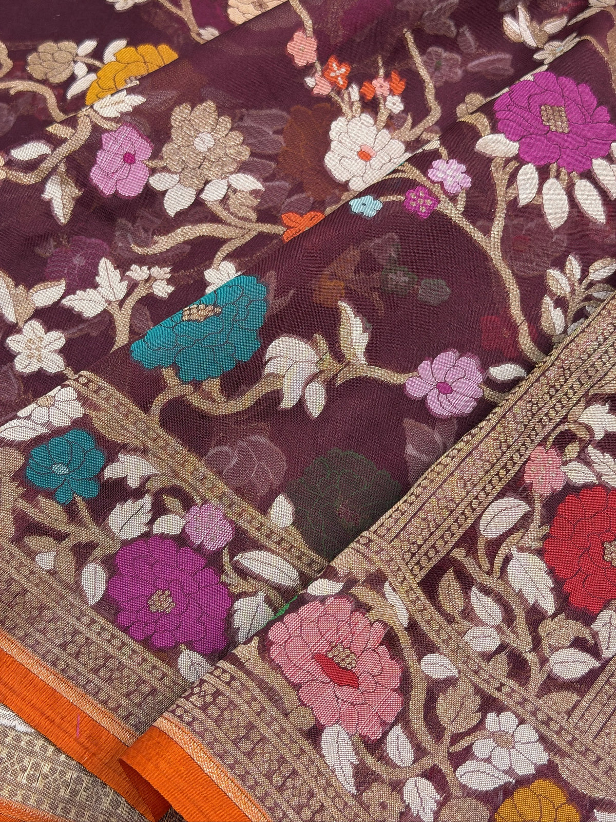 Wine Banarasi Kora Jamdani Silk Handwoven Saree