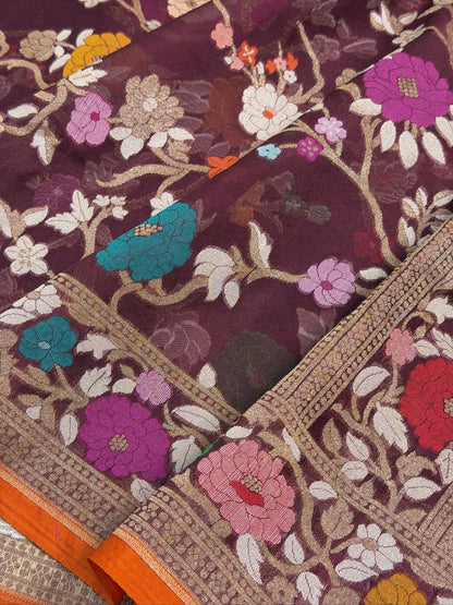 Wine Banarasi Kora Jamdani Silk Handwoven Saree