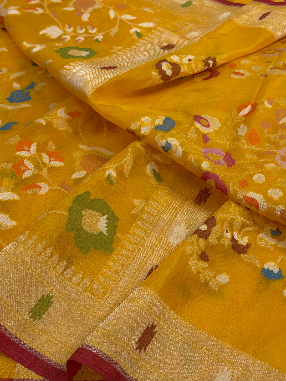 Mango Yellow Banarasi Kora Jamdani Silk Handwoven Saree