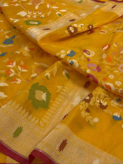 Mango Yellow Banarasi Kora Jamdani Silk Handwoven Saree