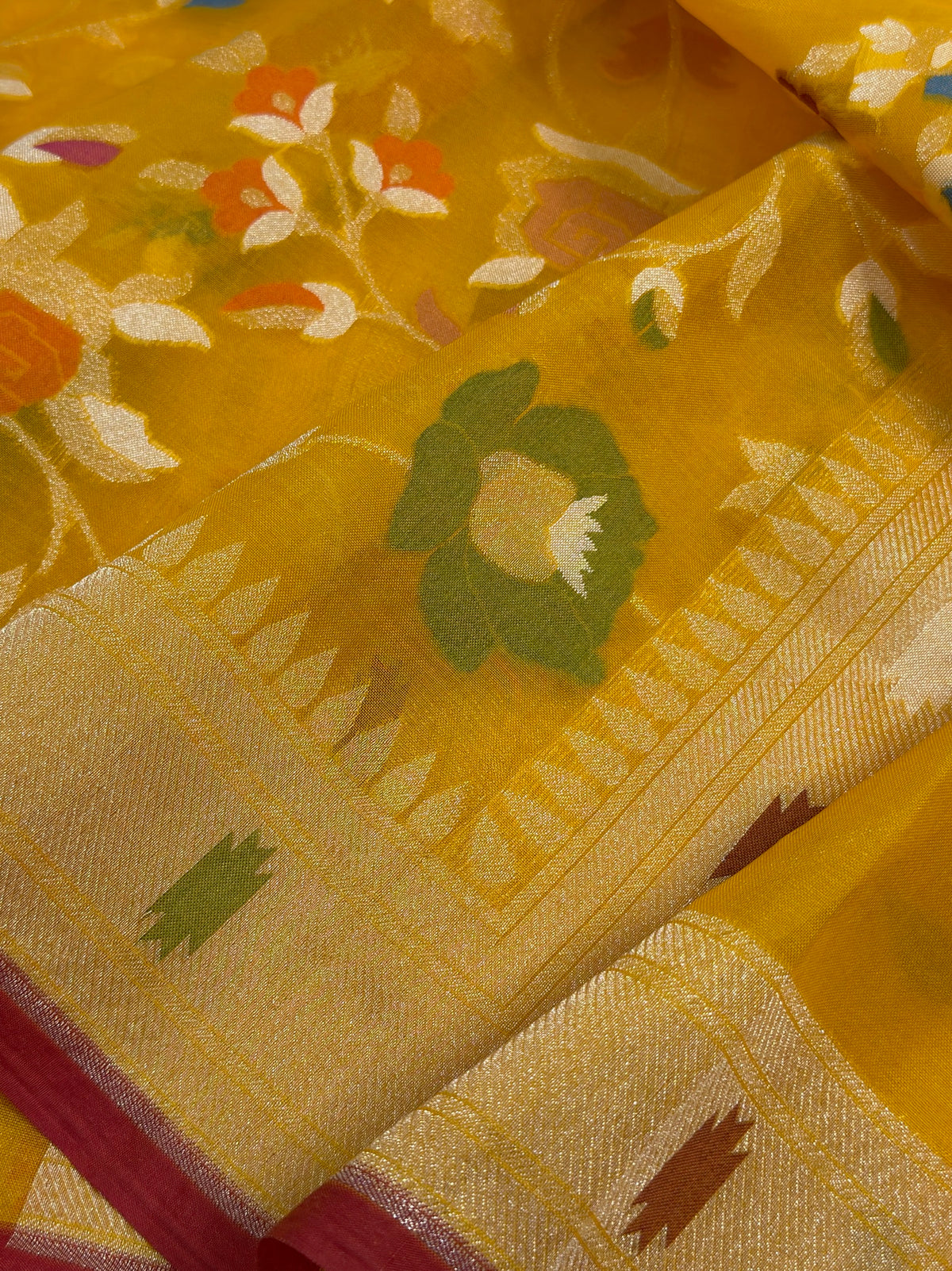 Mango Yellow Banarasi Kora Jamdani Silk Handwoven Saree