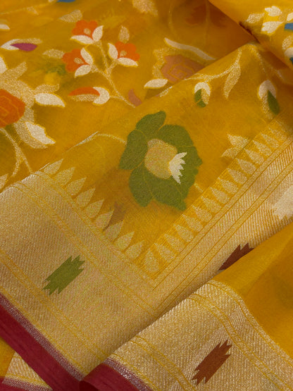 Mango Yellow Banarasi Kora Jamdani Silk Handwoven Saree