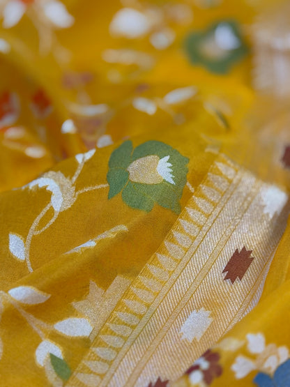 Mango Yellow Banarasi Kora Jamdani Silk Handwoven Saree