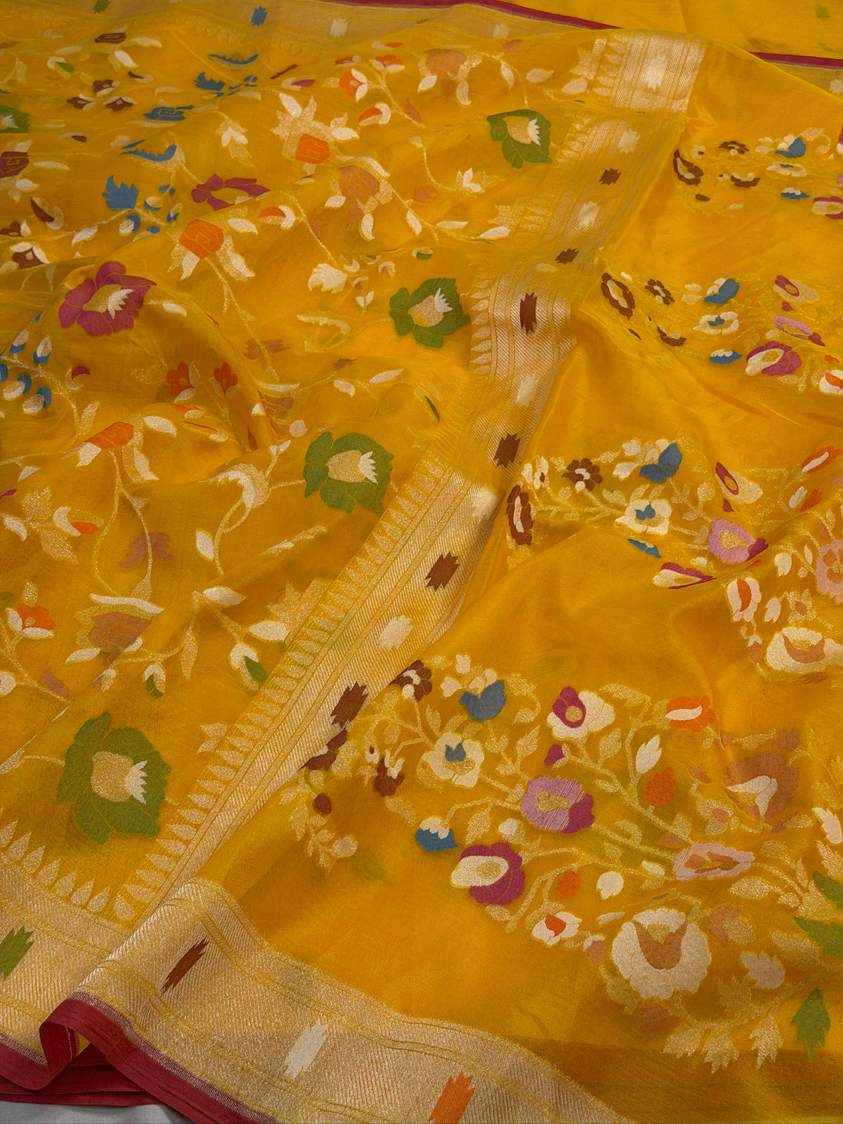 Mango Yellow Banarasi Kora Jamdani Silk Handwoven Saree