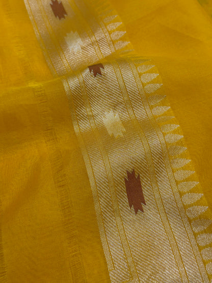 Mango Yellow Banarasi Kora Jamdani Silk Handwoven Saree