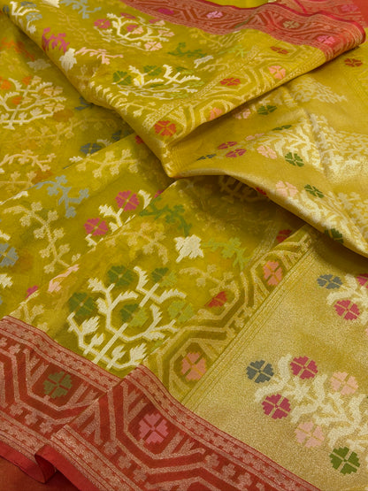 Yellow Banarasi Kora Jamdani Silk Handwoven saree