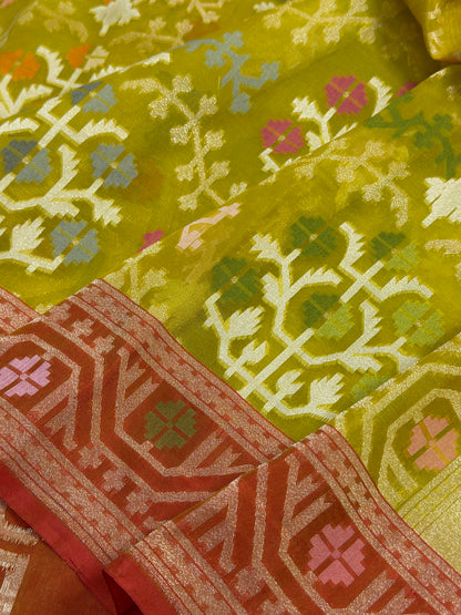 Yellow Banarasi Kora Jamdani Silk Handwoven saree