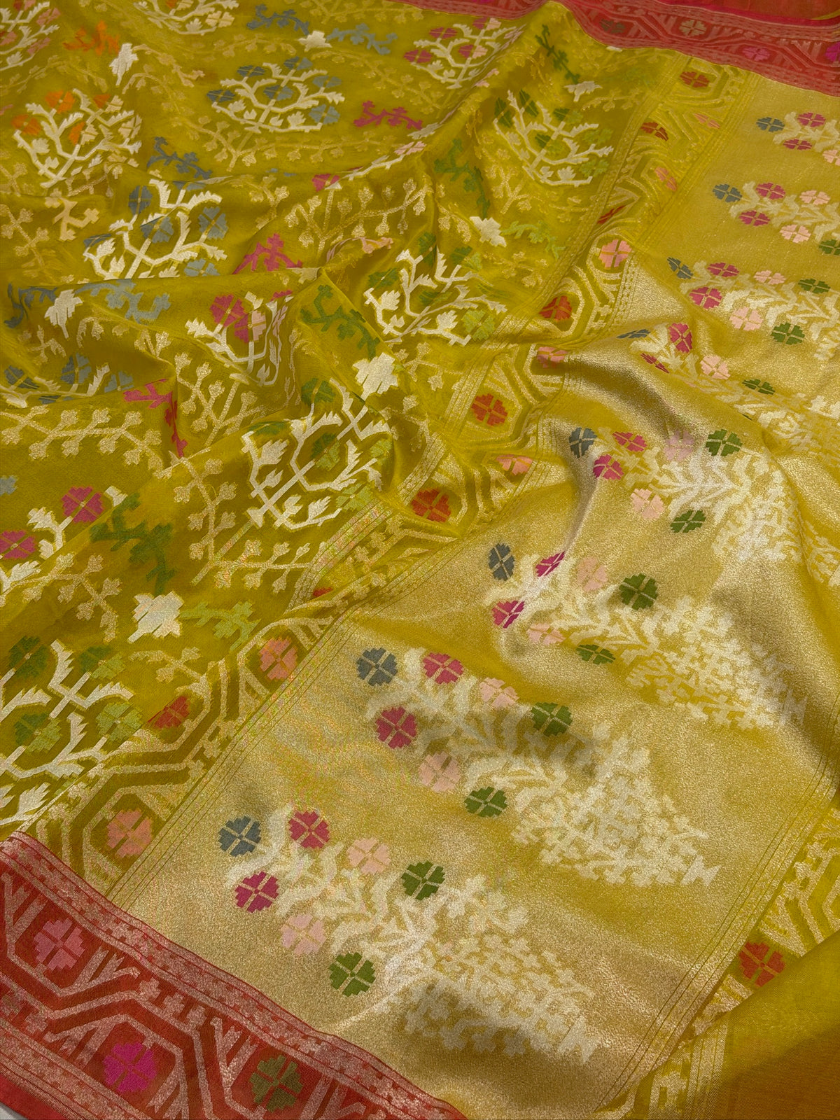 Yellow Banarasi Kora Jamdani Silk Handwoven saree