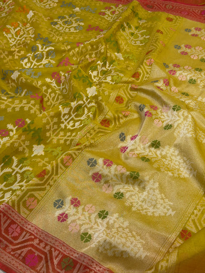 Yellow Banarasi Kora Jamdani Silk Handwoven saree