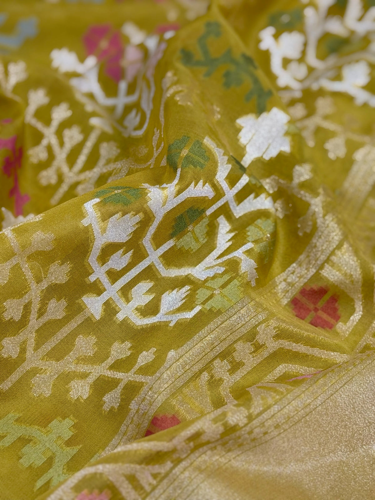 Yellow Banarasi Kora Jamdani Silk Handwoven saree